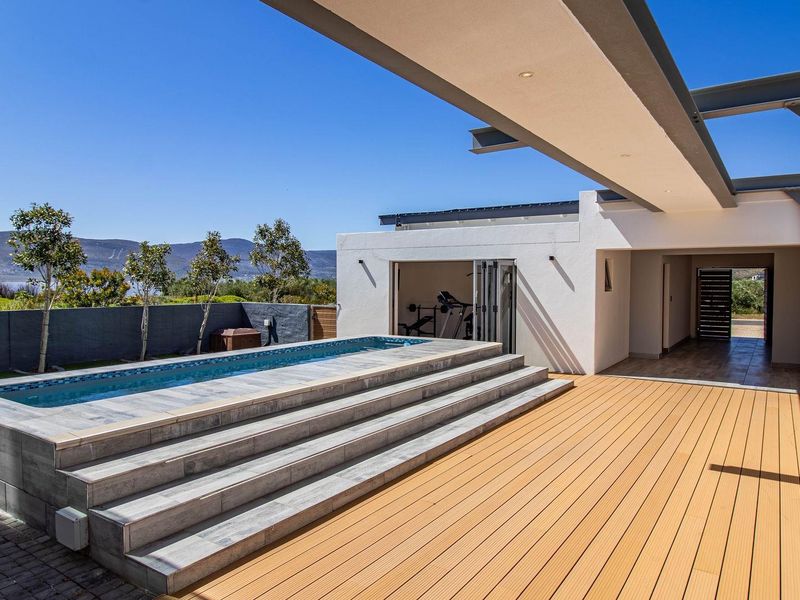 Modern outdoor entertainment area featuring a raised swimming pool with tiled steps, timber decking, and a contemporary steel pergola structure.