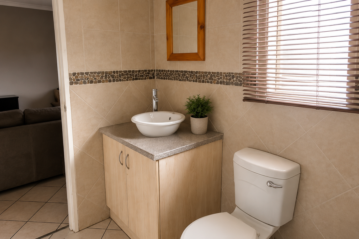 A functional bathroom featuring a vanity cabinet with a vessel sink, a toilet, and tiled wall finishes with a decorative mosaic border.