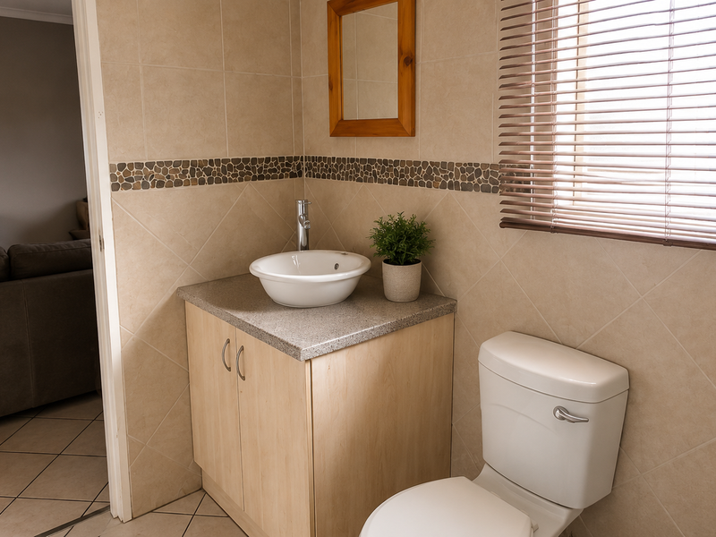 A functional bathroom featuring a vanity cabinet with a vessel sink, a toilet, and tiled wall finishes with a decorative mosaic border.