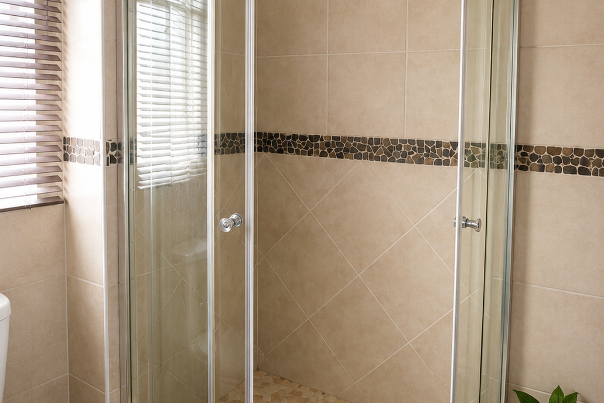 A clean bathroom featuring a curved glass shower enclosure with pebble-style floor tiling and neutral ceramic wall tiles with a decorative mosaic accent border.