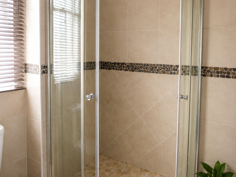 A clean bathroom featuring a curved glass shower enclosure with pebble-style floor tiling and neutral ceramic wall tiles with a decorative mosaic accent border.