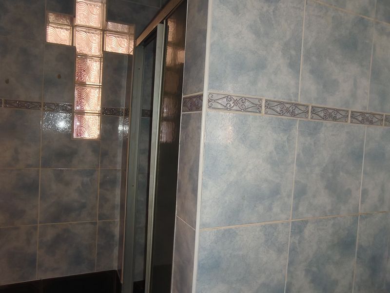 A bathroom featuring dated blue ceramic wall tiles, a shower enclosure, and a decorative glass block window detail.