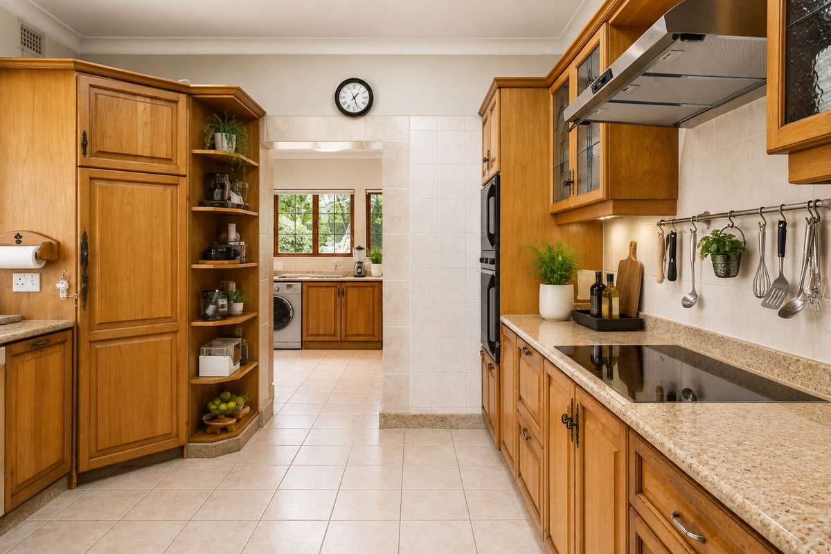 A well-maintained kitchen featuring warm-toned wooden cabinetry, granite countertops, integrated appliances, and a tiled backsplash, with an adjacent laundry area visible.