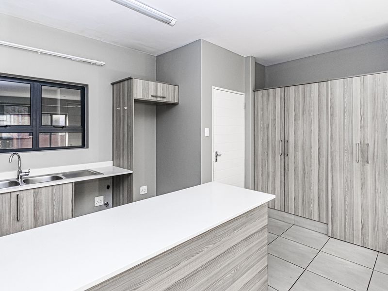 A modern, empty kitchen featuring light wood-grain cabinetry, white countertops, a stainless steel sink, and neutral tiled flooring.