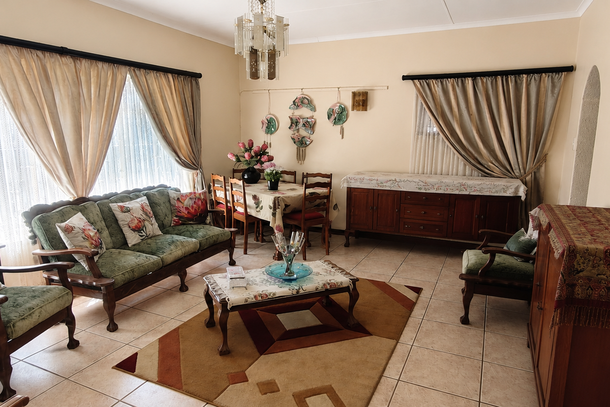 A spacious living room featuring neutral wall tones, ceramic floor tiles, and a classic crystal chandelier, offering a comfortable and traditional living environment.