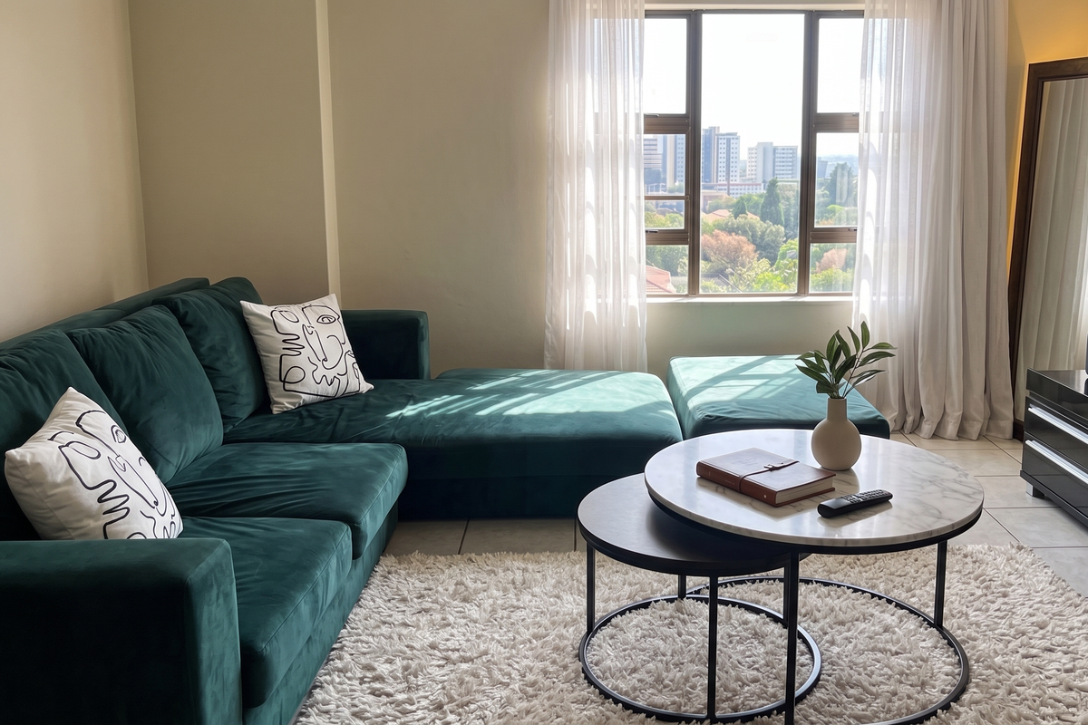 A bright living room featuring tiled flooring and a large window with natural light, offering an urban view.