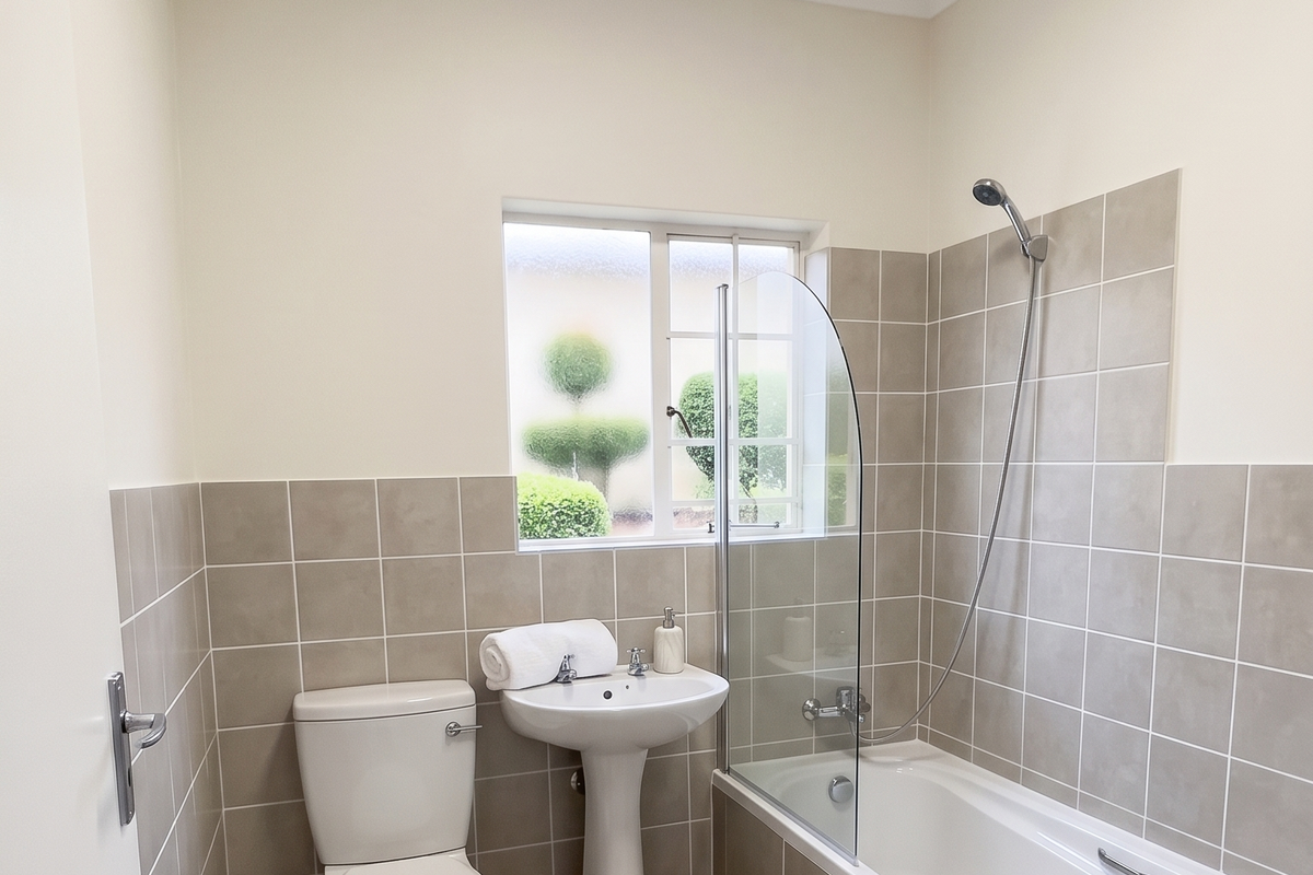 A clean, well-maintained bathroom featuring a pedestal basin, toilet, and a bathtub with a glass shower screen and neutral wall tiling.