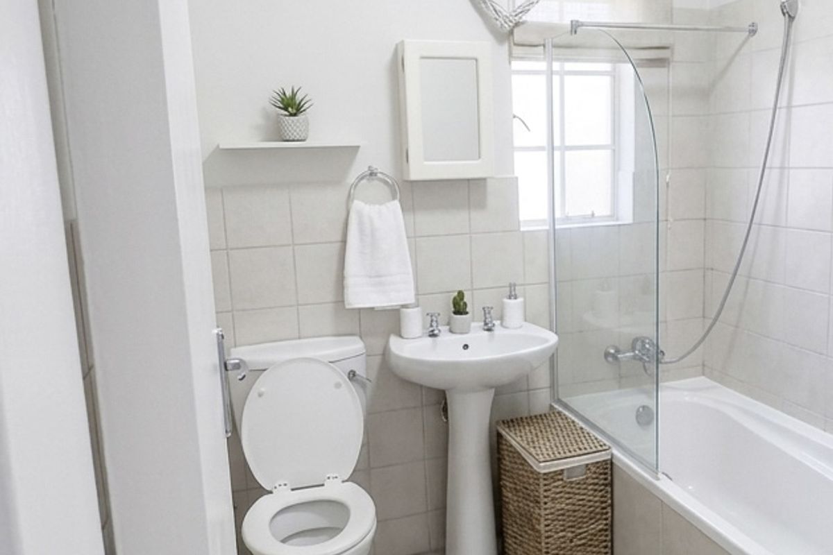A clean and functional bathroom featuring a pedestal basin, toilet, and a bathtub with a glass shower screen and tiled finishes.