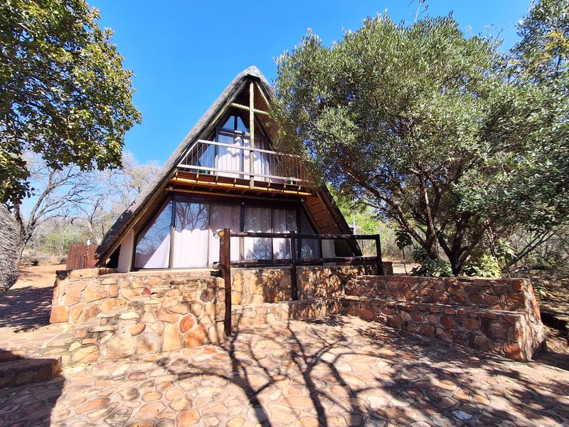 A charming A-frame house featuring a thatched roof, stone-clad exterior, and a private timber balcony overlooking a natural garden setting.