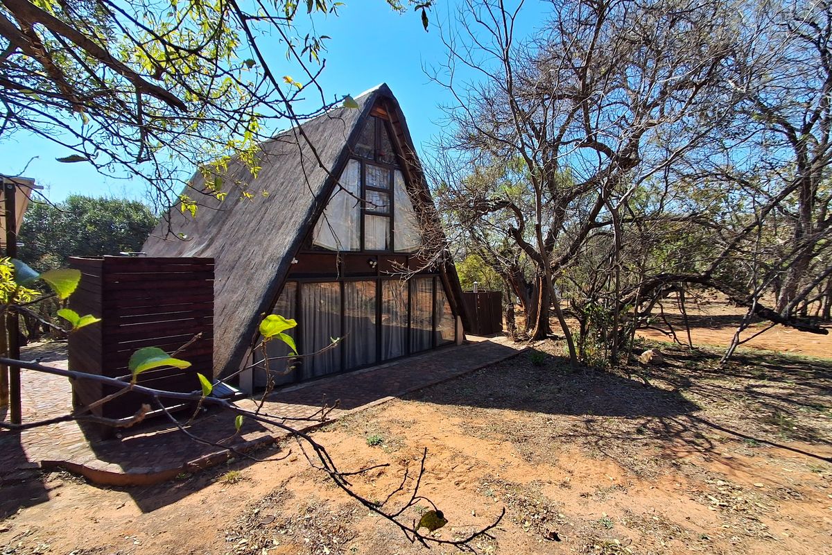 A rustic A-frame cottage featuring a traditional thatch roof, set within a natural, wooded garden environment with brick-paved pathways.