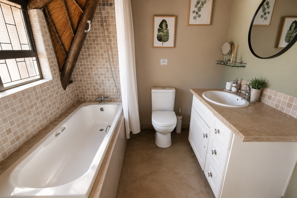 A well-maintained bathroom featuring a built-in bathtub, shower, toilet, and vanity cabinet, complemented by a unique thatched roof ceiling and neutral tiled finishes.
