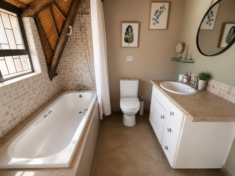 A well-maintained bathroom featuring a built-in bathtub, shower, toilet, and vanity cabinet, complemented by a unique thatched roof ceiling and neutral tiled finishes.