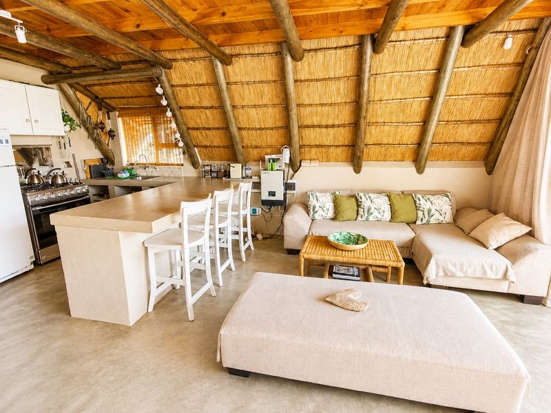 Open-plan living area featuring a rustic thatched roof with exposed timber rafters, concrete flooring, and a functional kitchen with a central island.