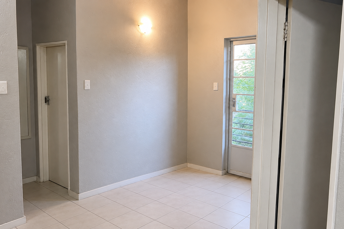 A clean, neutral-toned entry area featuring tiled flooring, a secure glass-panelled door, and simple wall-mounted lighting, providing a bright and welcoming transition space.