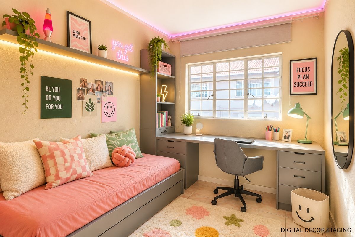 A well-lit bedroom featuring a built-in desk, integrated shelving, and a window with security bars, finished with modern LED accent lighting.