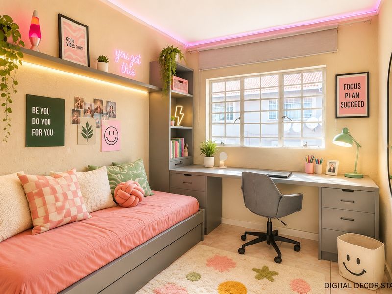 A well-lit bedroom featuring a built-in desk, integrated shelving, and a window with security bars, finished with modern LED accent lighting.