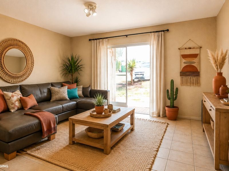 A comfortable living room featuring ceramic tile flooring and a sliding glass door providing access to the exterior.