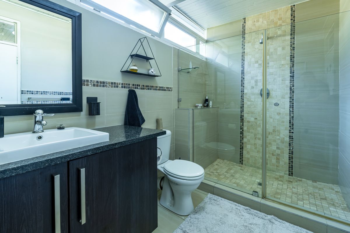 Modern bathroom featuring a dark wood vanity, basin, toilet, and a spacious walk-in shower with decorative mosaic tile accents.