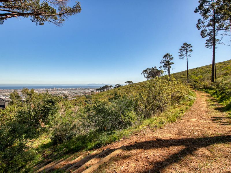 A scenic outdoor view featuring a dirt path with timber steps, overlooking the surrounding landscape and distant city skyline.