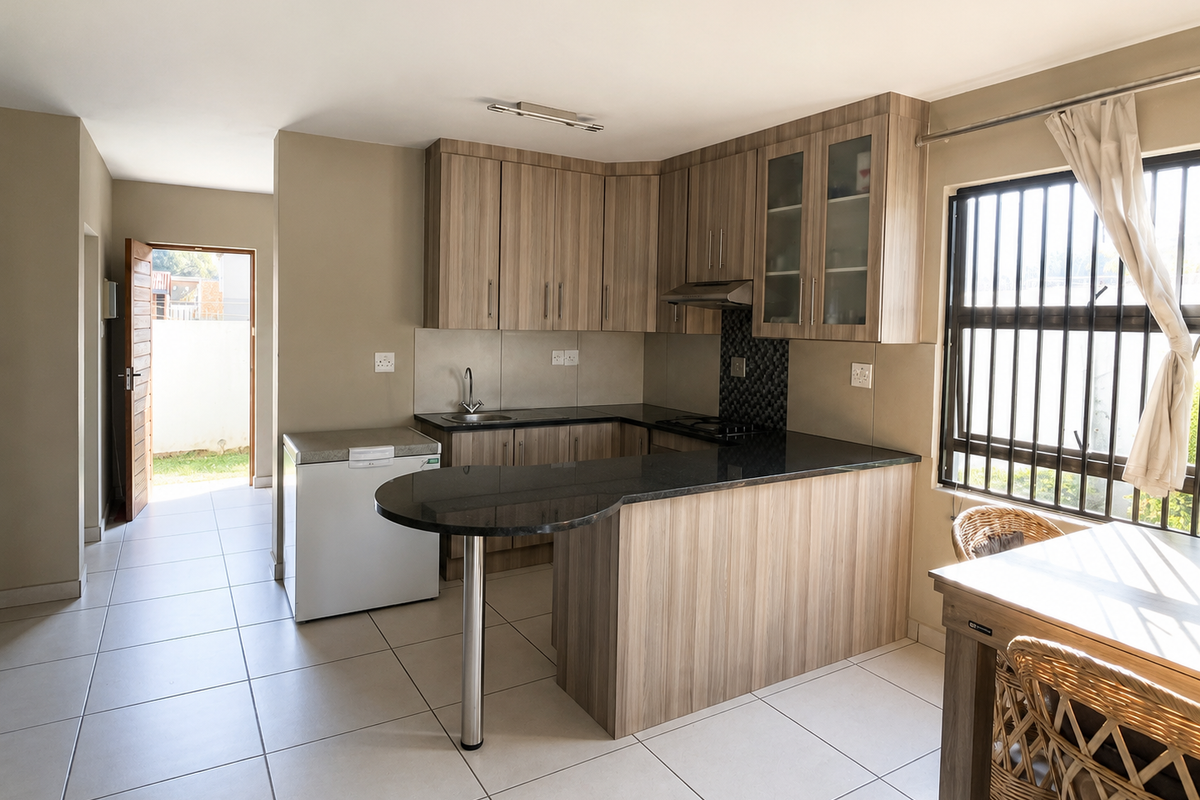 Modern kitchen featuring laminate cabinetry, granite countertops with a breakfast bar, and ceramic floor tiles, leading to an exterior doorway.