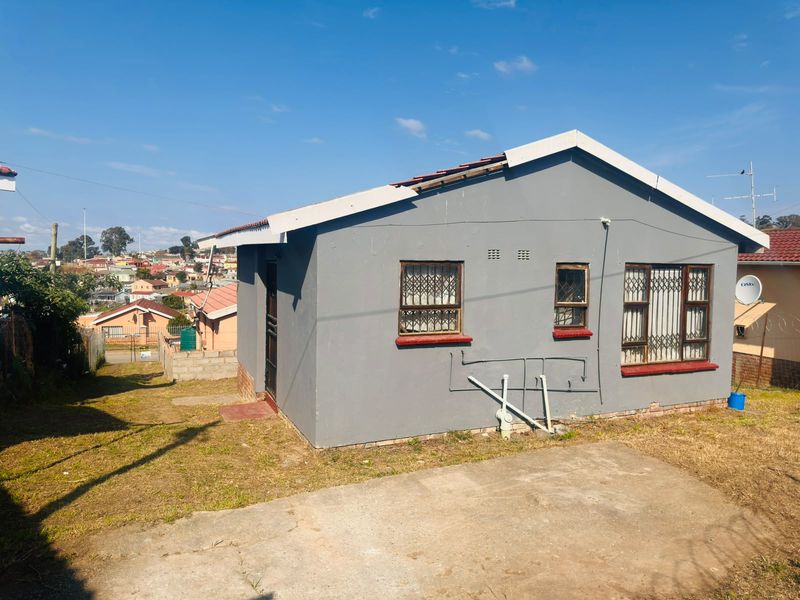 Rear view of a detached house featuring a concrete driveway, security bars on windows, and visible roof maintenance requirements.