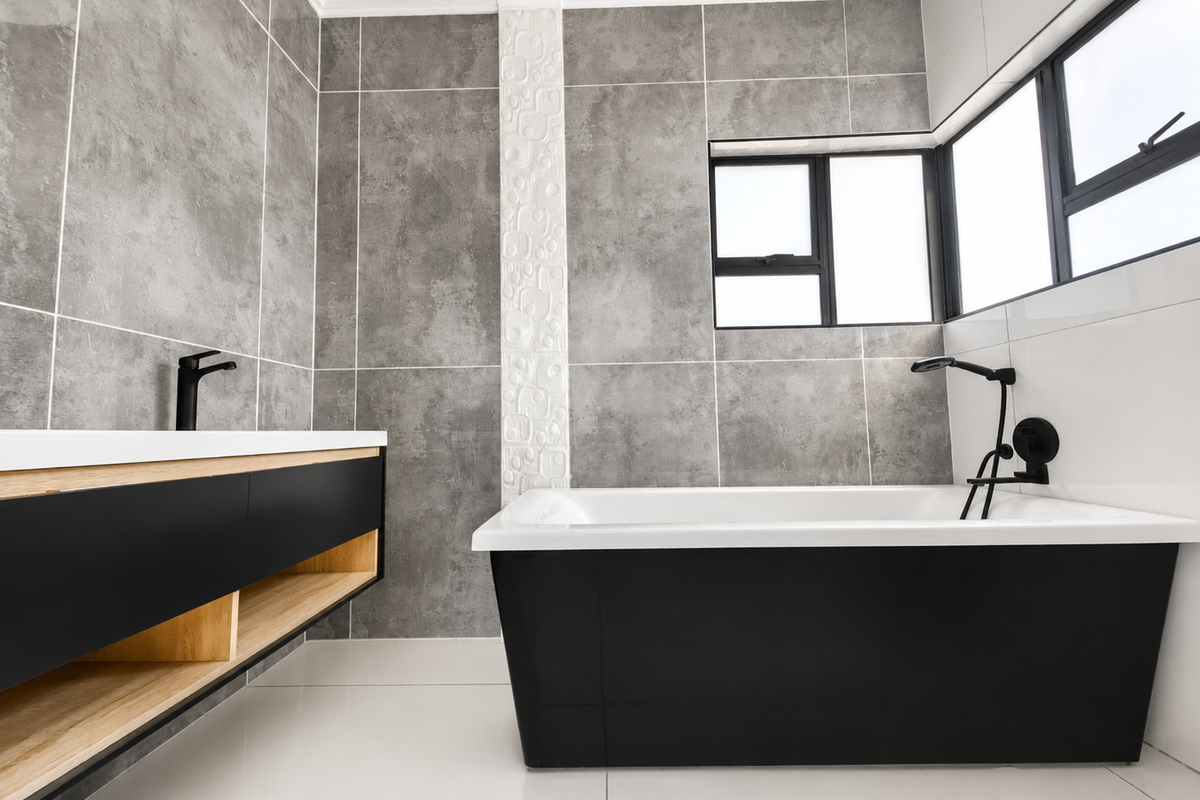 Modern bathroom featuring a sleek black freestanding bathtub, floating vanity with wood accents, and contemporary grey tiled walls with large windows.