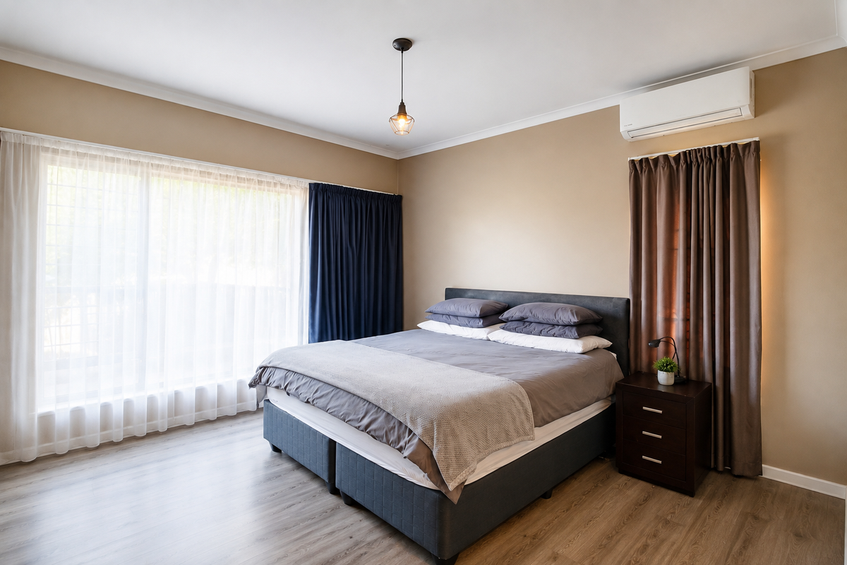 A well-maintained bedroom featuring laminate flooring, a wall-mounted split-system air conditioner, and neutral wall tones with large windows for natural light.