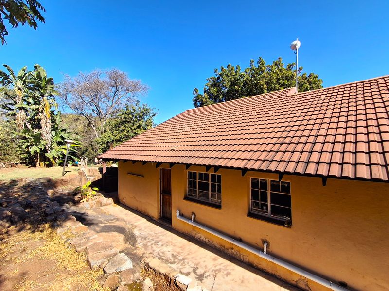 Rear exterior view of the house featuring a tiled roof, steel-framed windows, and a stone retaining wall in a garden setting.