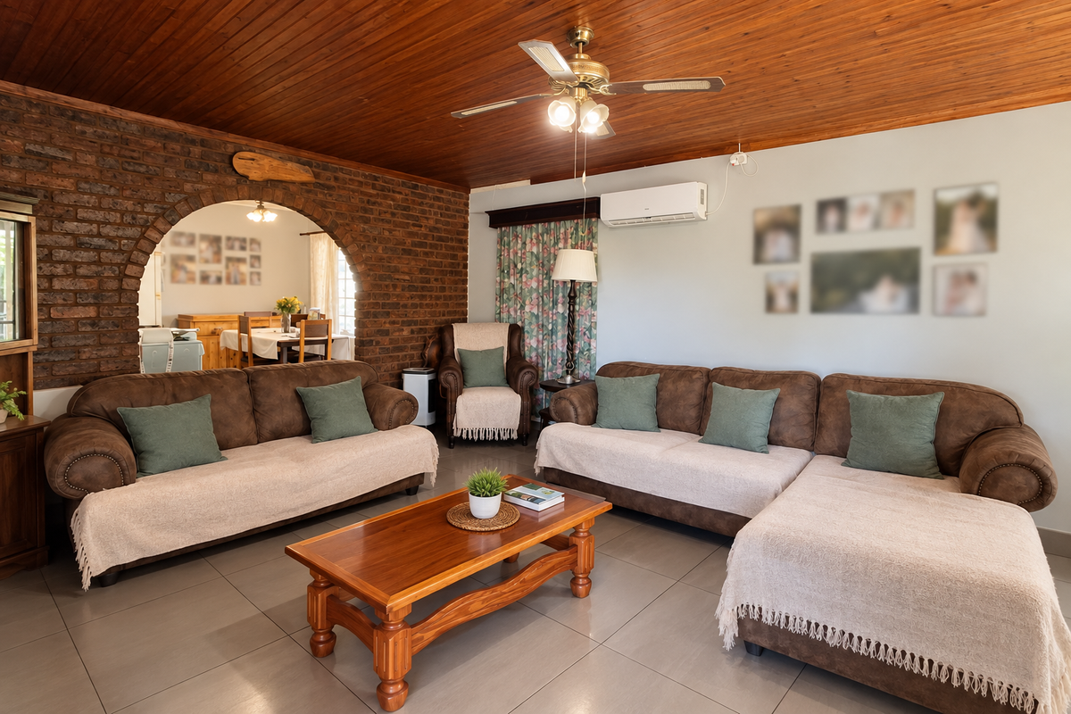 Spacious living room featuring a warm timber ceiling, exposed brick feature wall, arched entryway, and tiled flooring with integrated air conditioning.