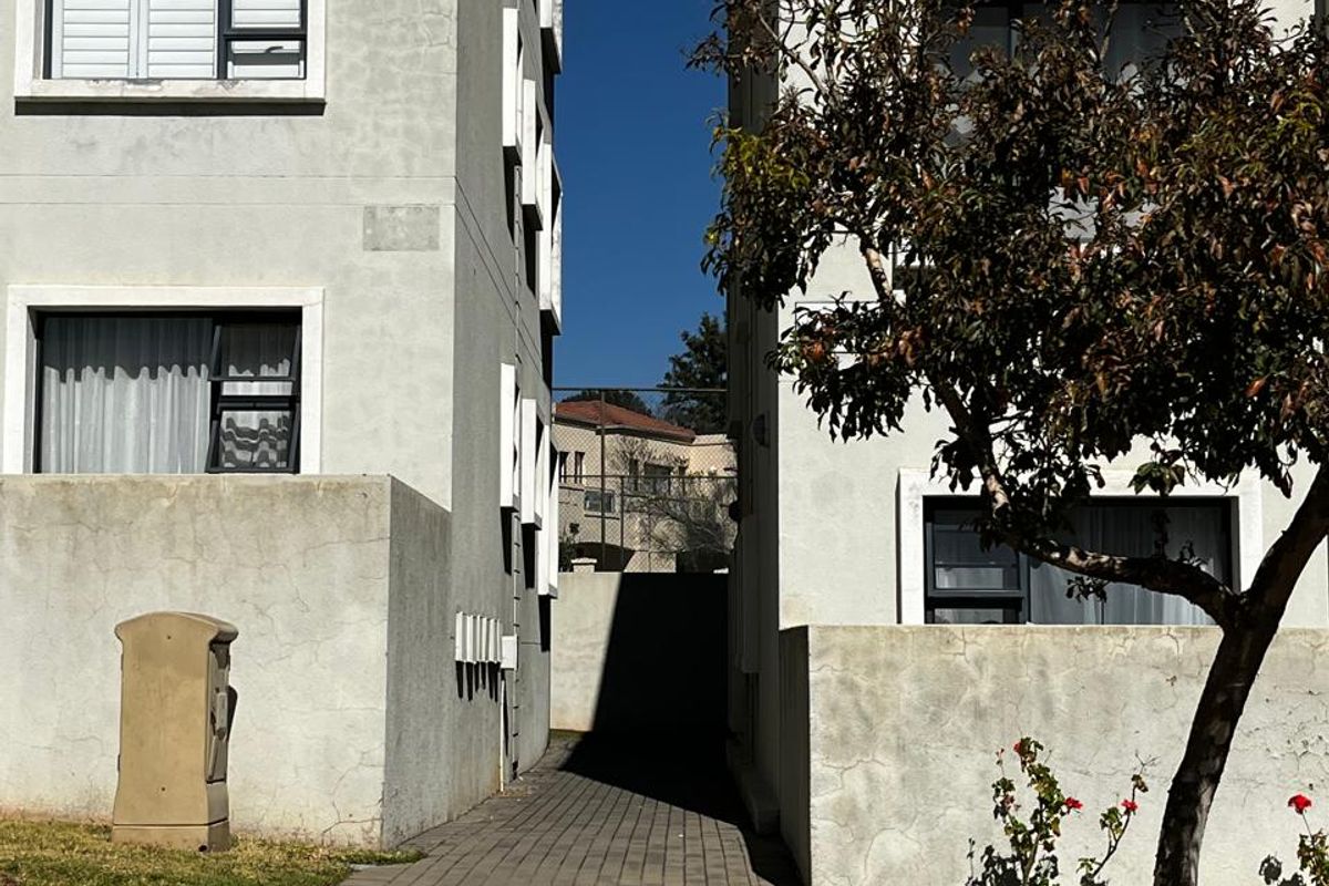 Exterior view of the apartment complex showing a paved walkway between two building blocks with established landscaping.