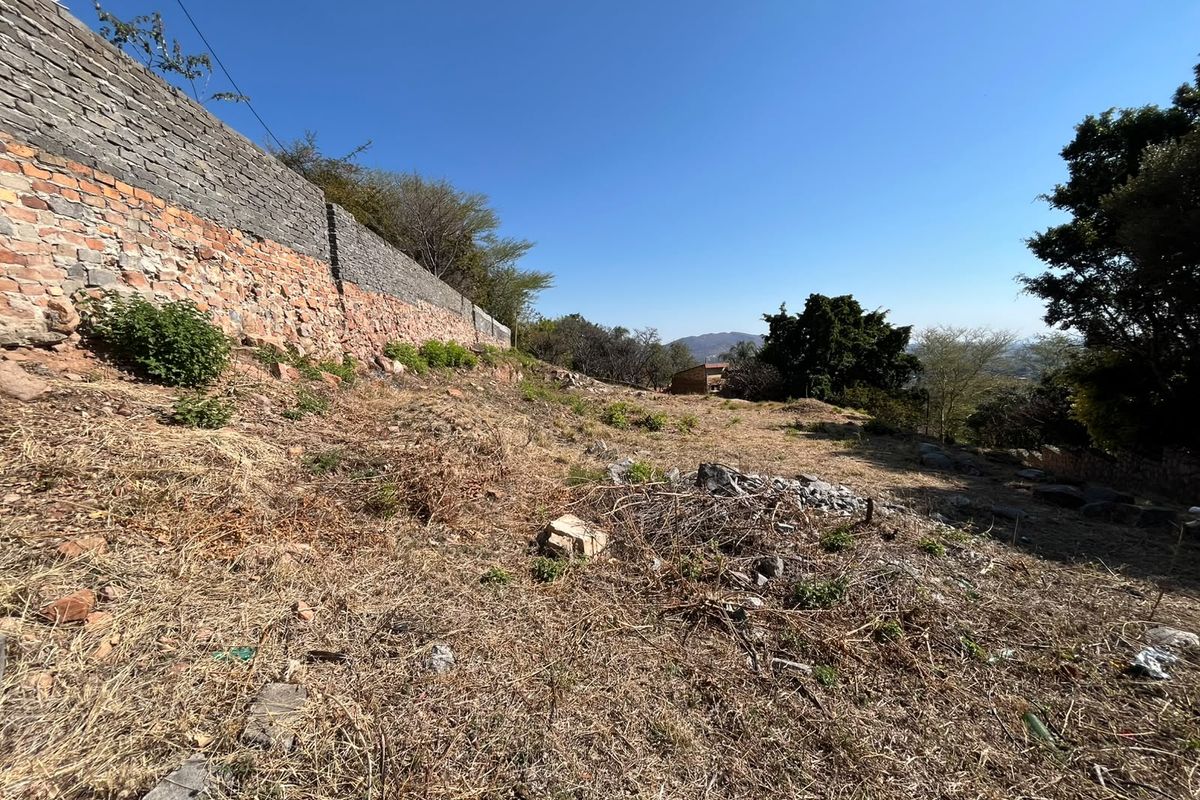 A sloped residential plot featuring a stone boundary wall and natural vegetation, offering potential for development.