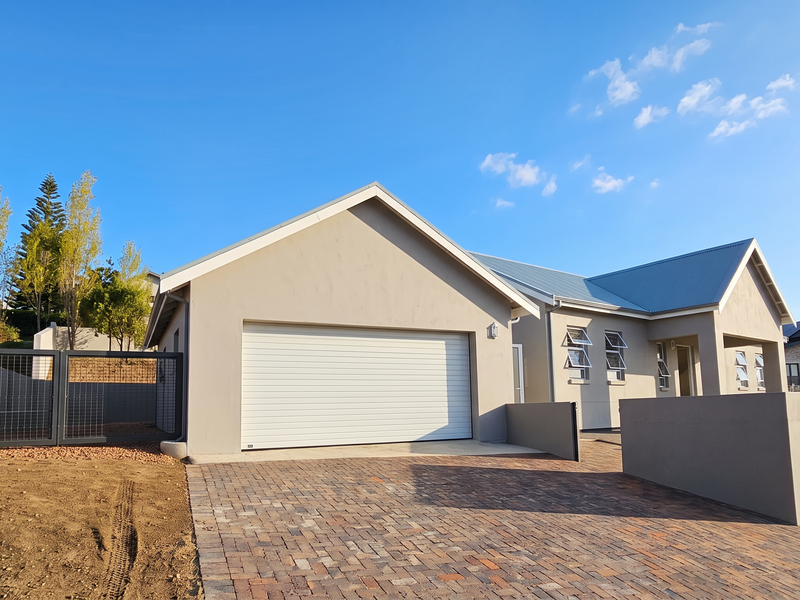 Modern single-story house exterior featuring a paved driveway, automated garage door, metal roofing, and secure boundary walling.