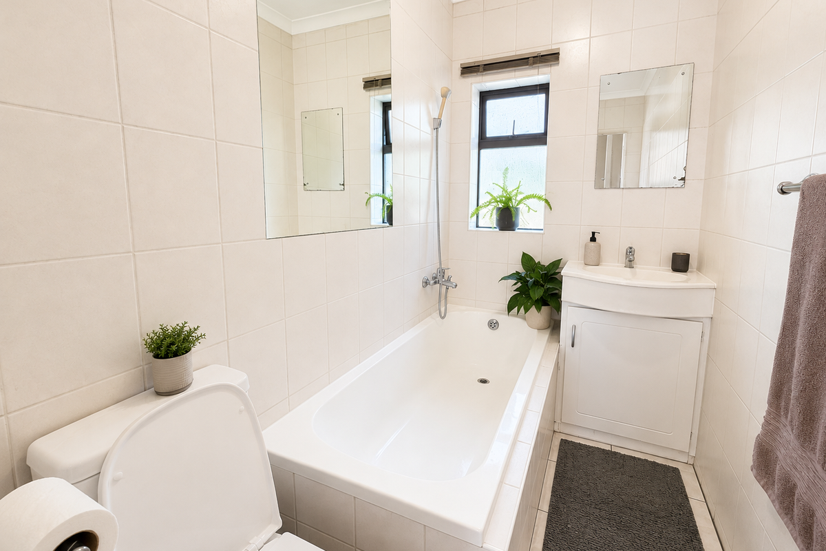 A clean, functional bathroom featuring a built-in bathtub, vanity cabinet with basin, and neutral wall tiling throughout.