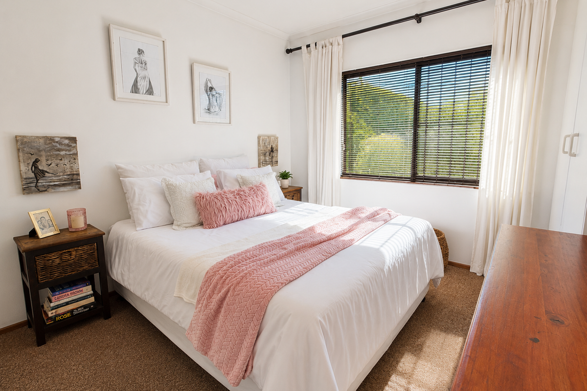 A well-maintained bedroom featuring neutral walls, carpet flooring, a built-in wardrobe, and a window with venetian blinds and curtains.