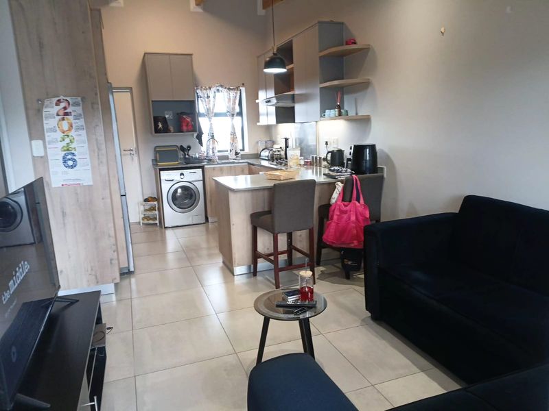 Open-plan living area featuring a modern kitchen with built-in cabinetry, laminate countertops, and integrated laundry plumbing, flowing into a comfortable lounge space.