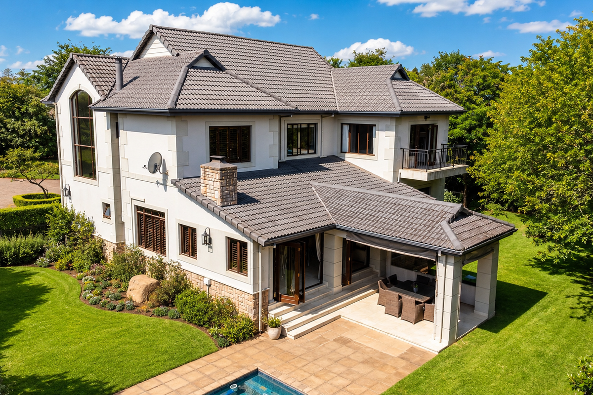 A well-maintained two-story residence featuring a tiled roof, stone chimney, covered patio, and a swimming pool set within a lush, landscaped garden.