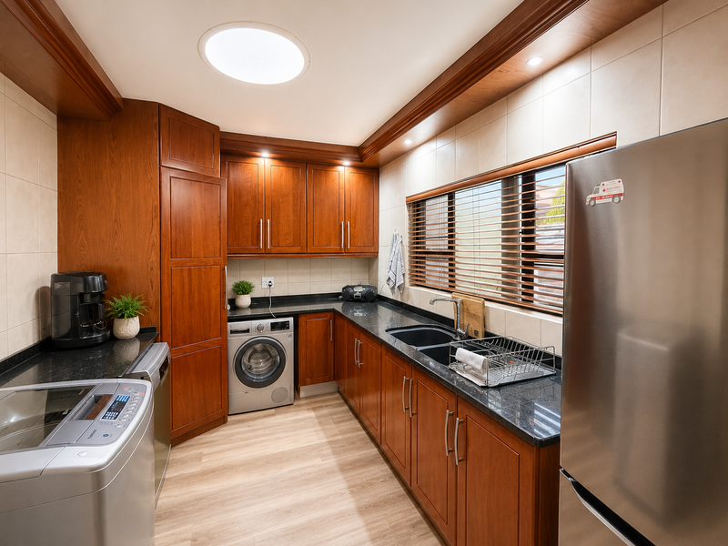 A well-appointed laundry room featuring rich wood-toned cabinetry, dark granite countertops, a double basin sink, and integrated space for laundry appliances.