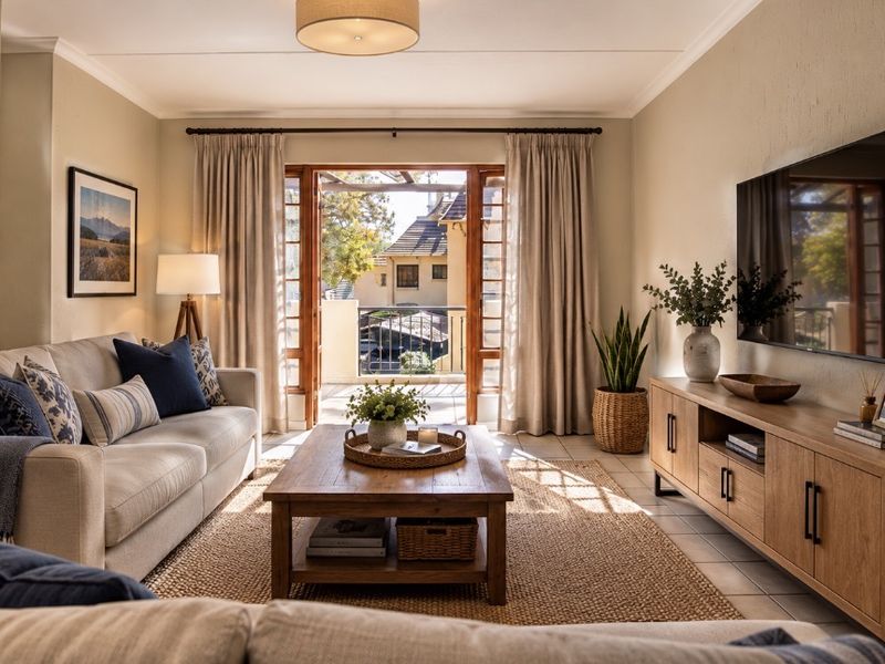 A well-lit living room featuring tiled floors, a wall-mounted television, and direct access to an outdoor balcony through wooden framed doors.