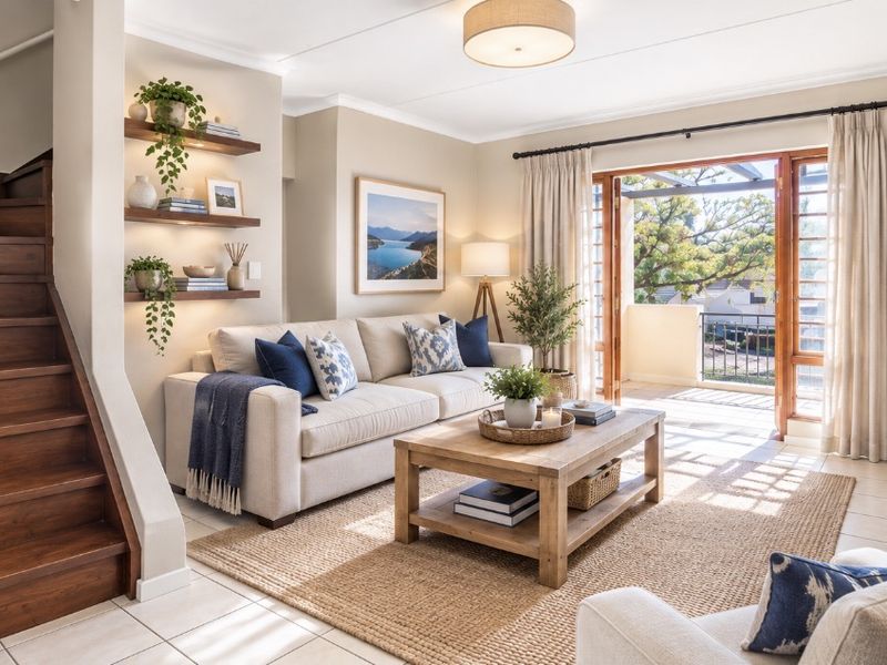 A bright and well-maintained living room featuring tiled floors, a wooden staircase, and direct access to a balcony through double glass doors.