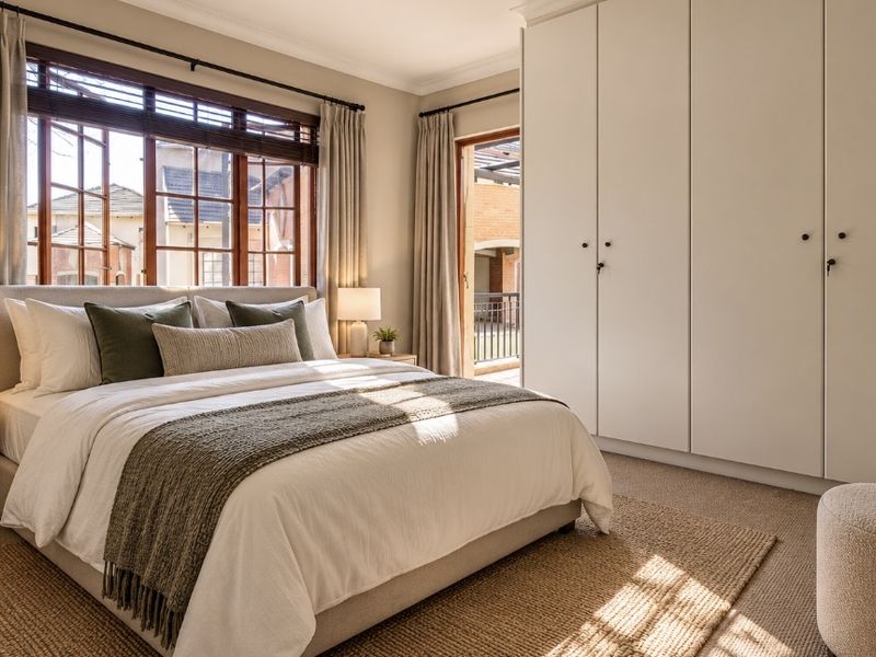 A well-lit bedroom featuring built-in cupboards, carpeted flooring, and large timber-framed windows with direct access to a private balcony.