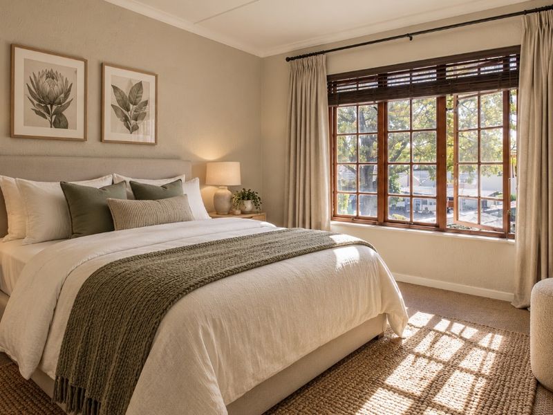 A well-lit, comfortable bedroom featuring a large timber-framed window, neutral wall tones, and carpeted flooring, creating a warm and inviting atmosphere.