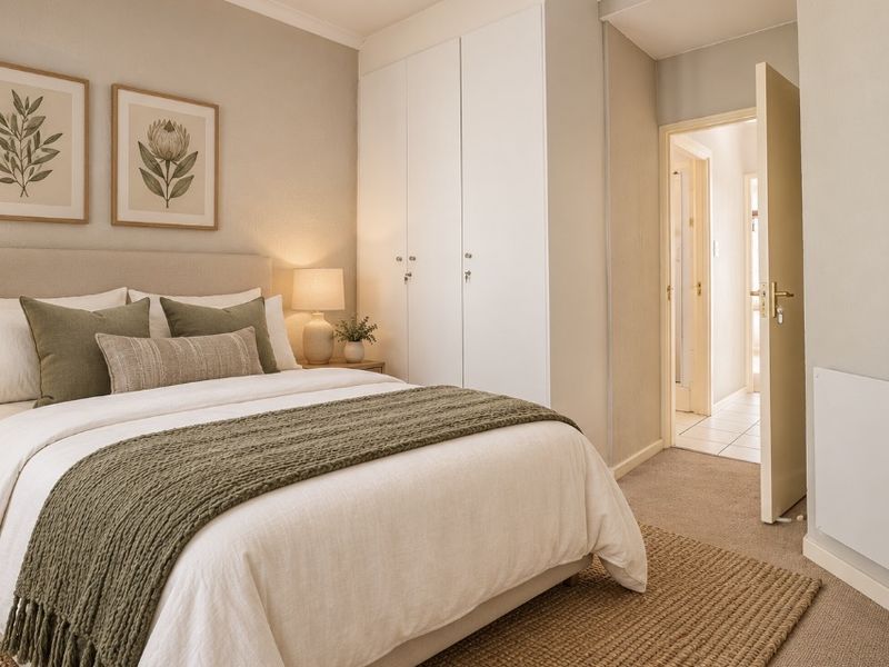 A well-maintained bedroom featuring neutral tones, built-in cupboards, and a wall-mounted panel heater, offering a comfortable and inviting living space.