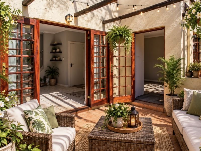 A charming covered patio featuring terracotta tiling, exposed timber pergola beams, and large timber-framed glass doors providing seamless access to the interior living space.