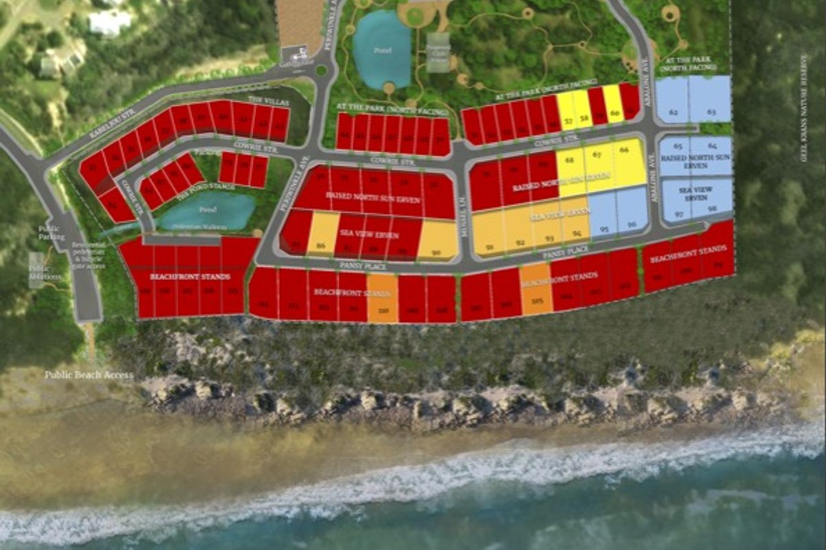 A comprehensive site development plan for Preekstoel Beach Estate, illustrating the layout of residential stands, road infrastructure, and coastal positioning.