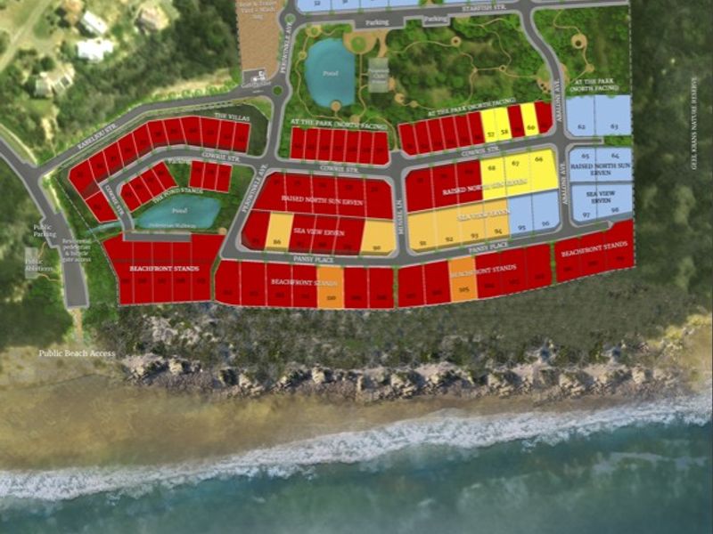 A comprehensive site development plan for Preekstoel Beach Estate, illustrating the layout of residential stands, road infrastructure, and coastal positioning.