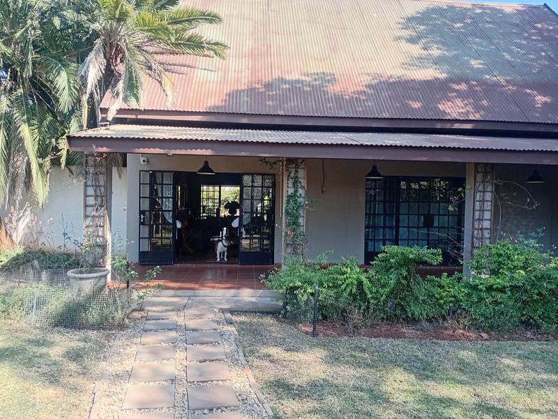 Rear view of the house featuring a covered patio with terracotta tiling, corrugated metal roofing, and direct access through french doors to the garden.
