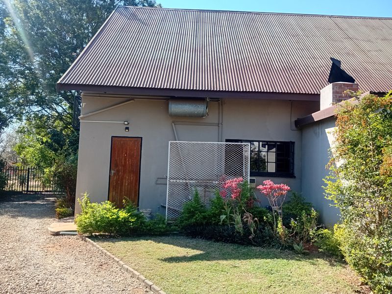 Rear exterior view of the property featuring a corrugated metal roof, brick chimney, external geyser, and a gravel driveway with established garden beds.