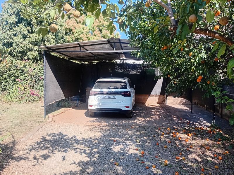 An outdoor carport structure featuring a paved base and shade cloth screening, situated in a garden setting.