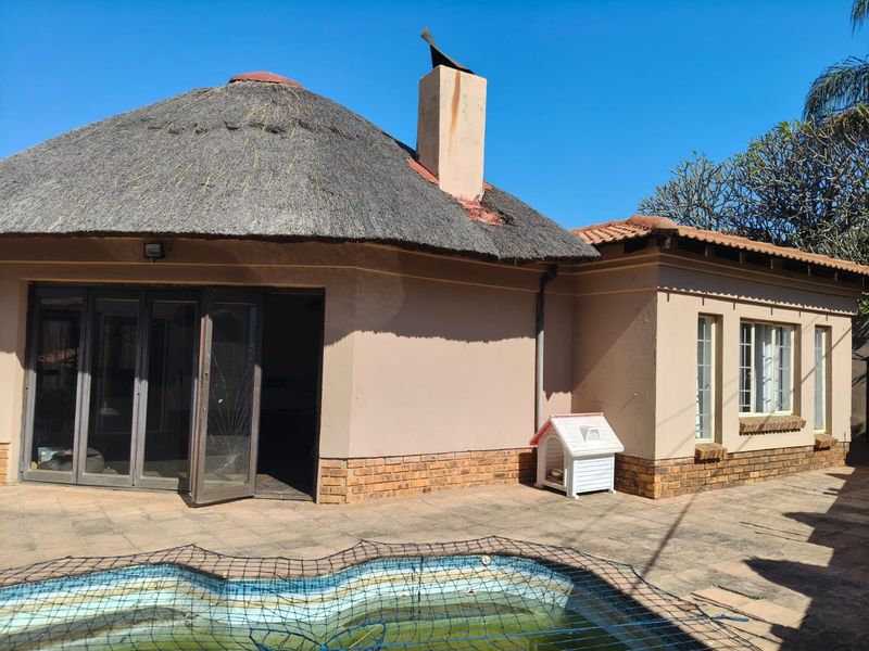 Rear exterior view featuring a thatched roof house, paved patio area, and a swimming pool with safety net.