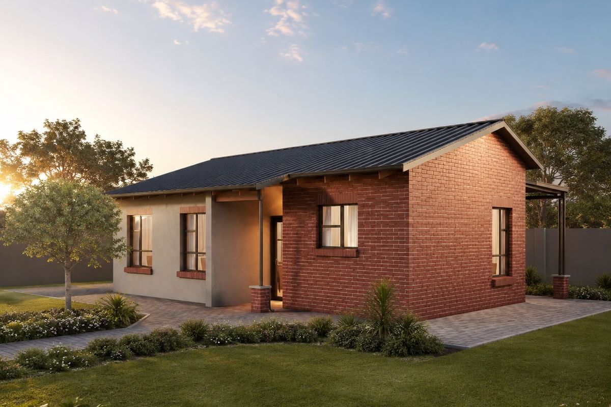 A modern single-story house featuring a combination of brick and rendered facade, a metal roof, and a well-maintained landscaped garden.